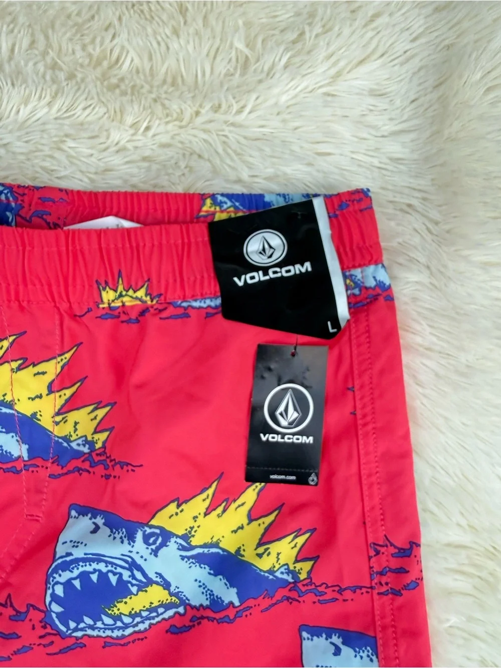 Volcom Swim Shorts with Blue and Yellow Shark Graphic